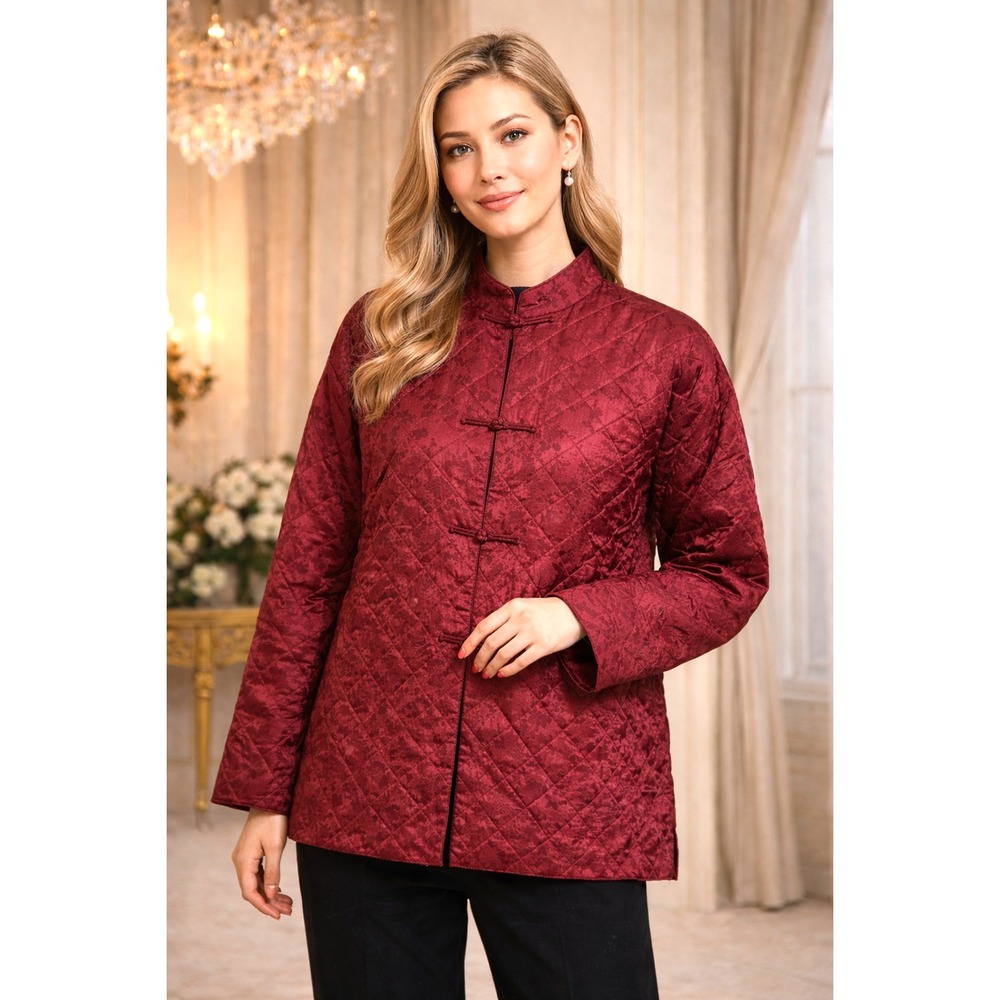 EILEEN FISHER  Silk Jacket Size Small Maroon Mandarin Collar Coat Classic Luxury